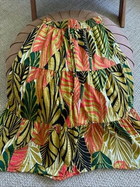 Tiered Tropical Print Maxi Skirt in Green, Coral & Gold